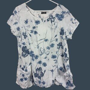 Italian Linen Tunic Top Womens M Blue White Floral Pockets Coastal Grandma